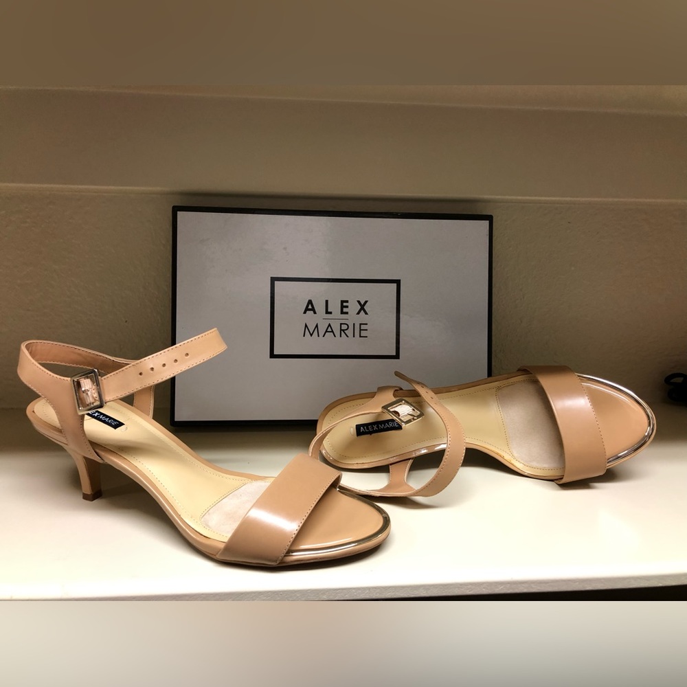 Alex Marie “Angelina” tan, leather sandals, size 10, 3” heel, never worn.